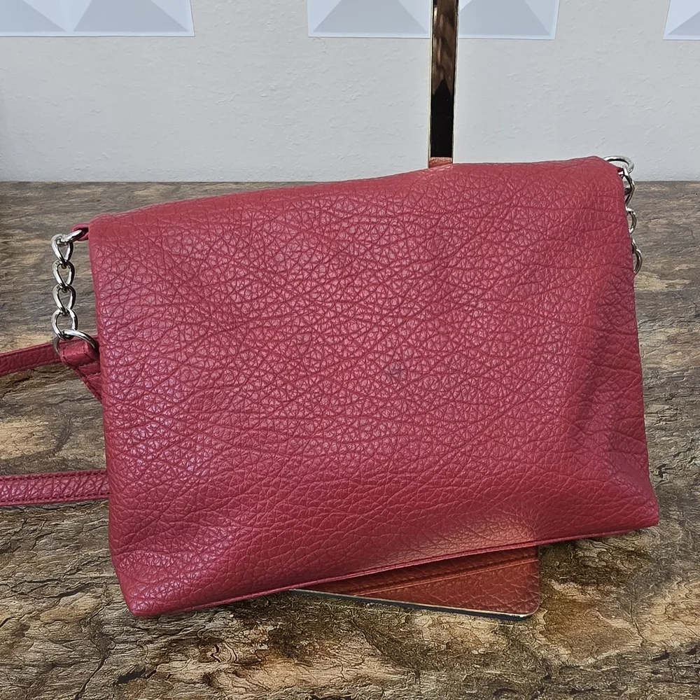 Nine West Red Pebbled Leather Crossbody Bag Foldover Clutch Convertible Purse